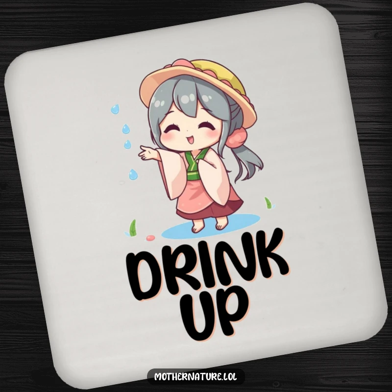 Funny drink coaster of Mother Nature playfully tossing a sparkling raindrop, symbolizing whimsy.