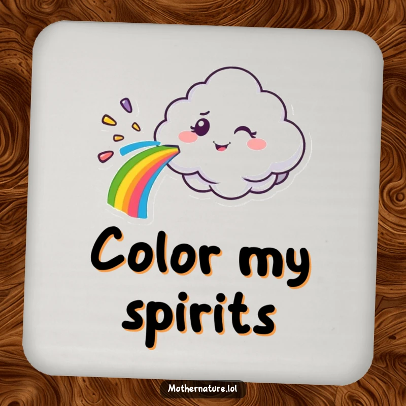 Funny cloud character drink coaster, spraying a rainbow with a mischievous wink, protecting surfaces with colorful humor.