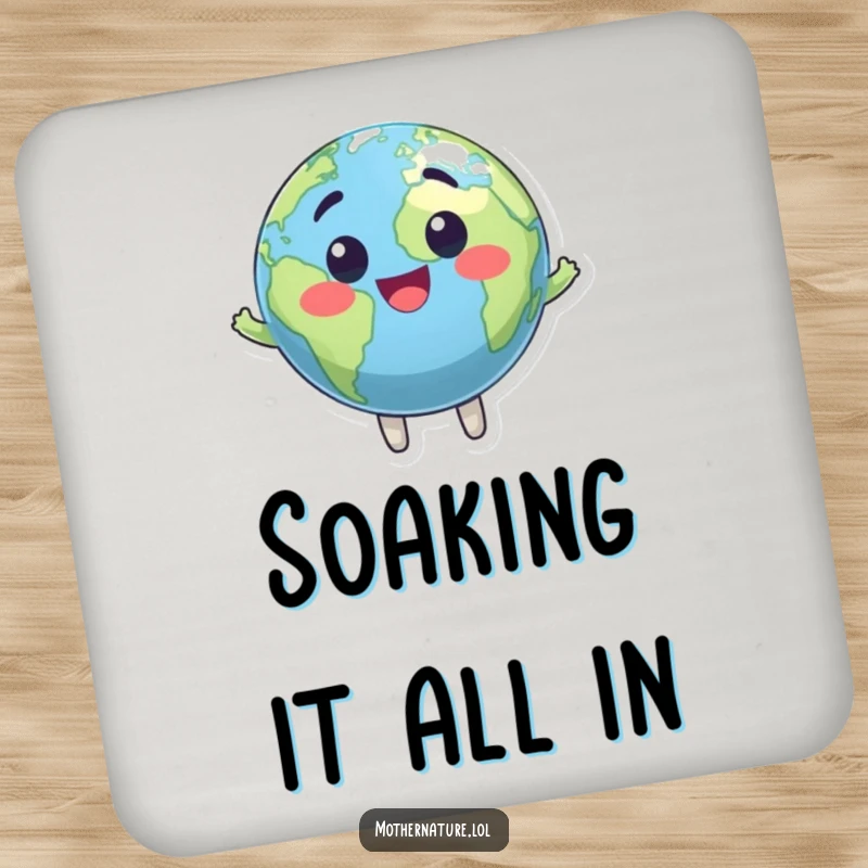 Funny coasters set with a happy, bouncing Earth globe character. Protects furniture with humor.
