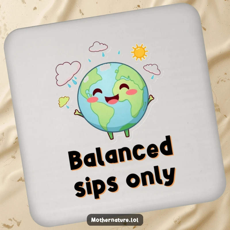 Funny Earth coaster showing a smiling Earth character juggling tiny rain clouds and sunshine, protecting tables with flair.