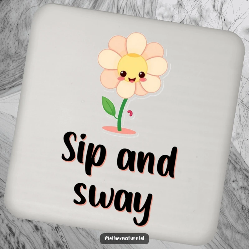 Funny flower character drink coaster, giggling and twirling with tiny dancing legs, protecting surfaces with cheerful humor.