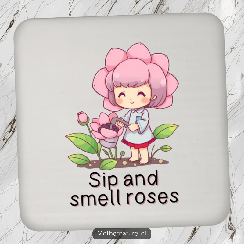 Funny coaster with a cute character happily watering a blooming oversized flower, humorous home accessory.