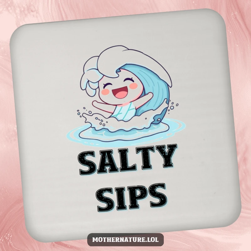 Funny Drink Coasters featuring a joyful wave character laughing and splashing playfully onto a sandy shore, perfect for coastal decor.