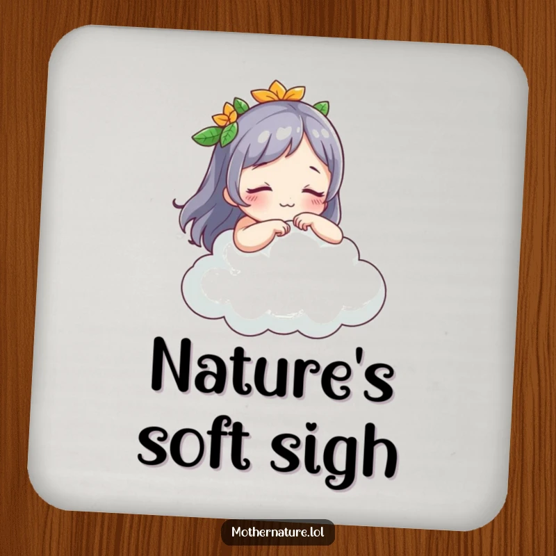 Funny Mother Nature coasters, playful character tickling a sleeping cloud, protecting surfaces with humor, ideal funny gift.