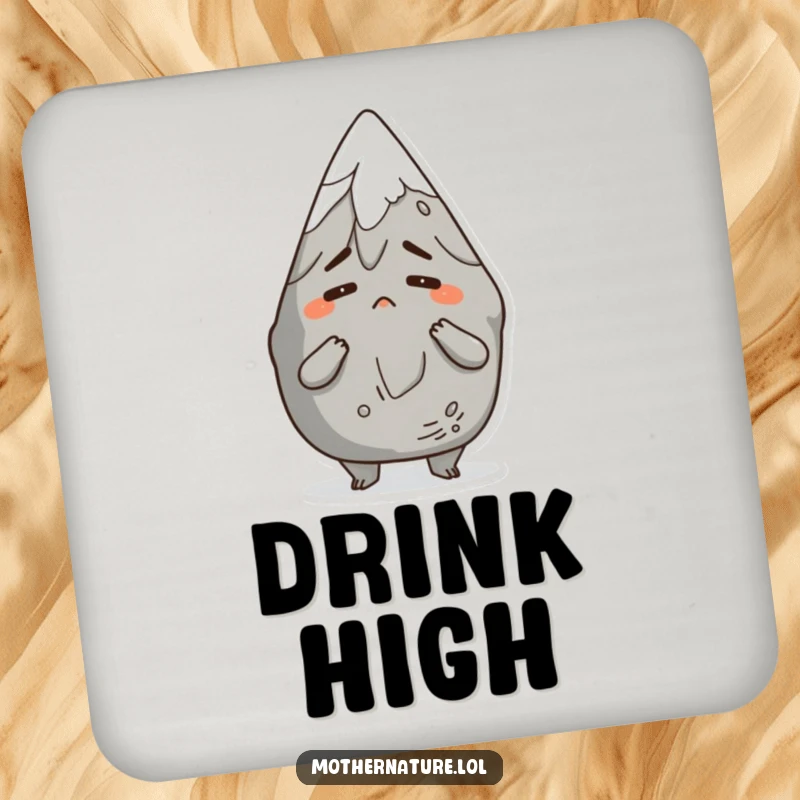 Funny drink coasters featuring an anthropomorphic mountain character shrugging comically with a bemused expression, perfect for adding humor to tables.