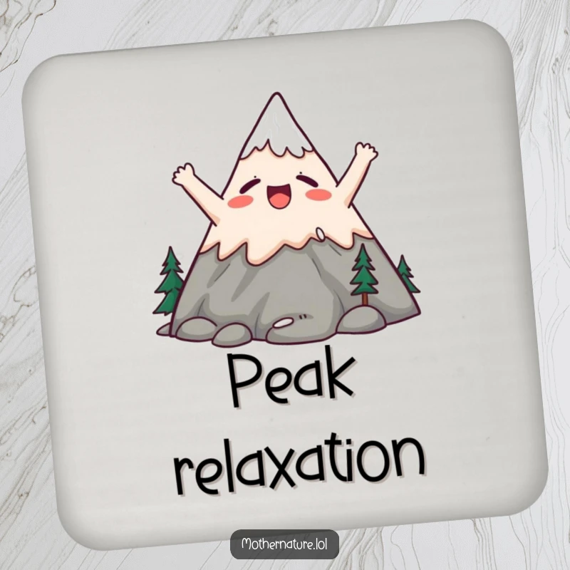 Funny drink coaster depicting a cute mountain character stretching its peaks upwards with a big, satisfied yawn.