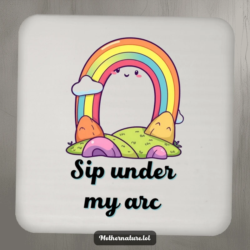 Funny rainbow character and smiling landscape design on a protective drink coaster, adding cheer to any surface.