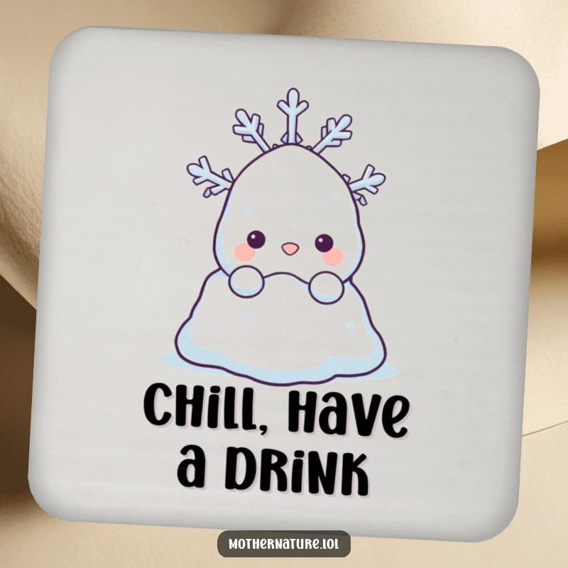 Funny coasters set with a shy snowdrift character peeking from behind a happy snowflake. Protects tables with charm.