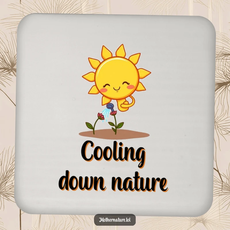 Funny drink coaster featuring a smiling sun character watering a small, wilting flower, protecting tables.