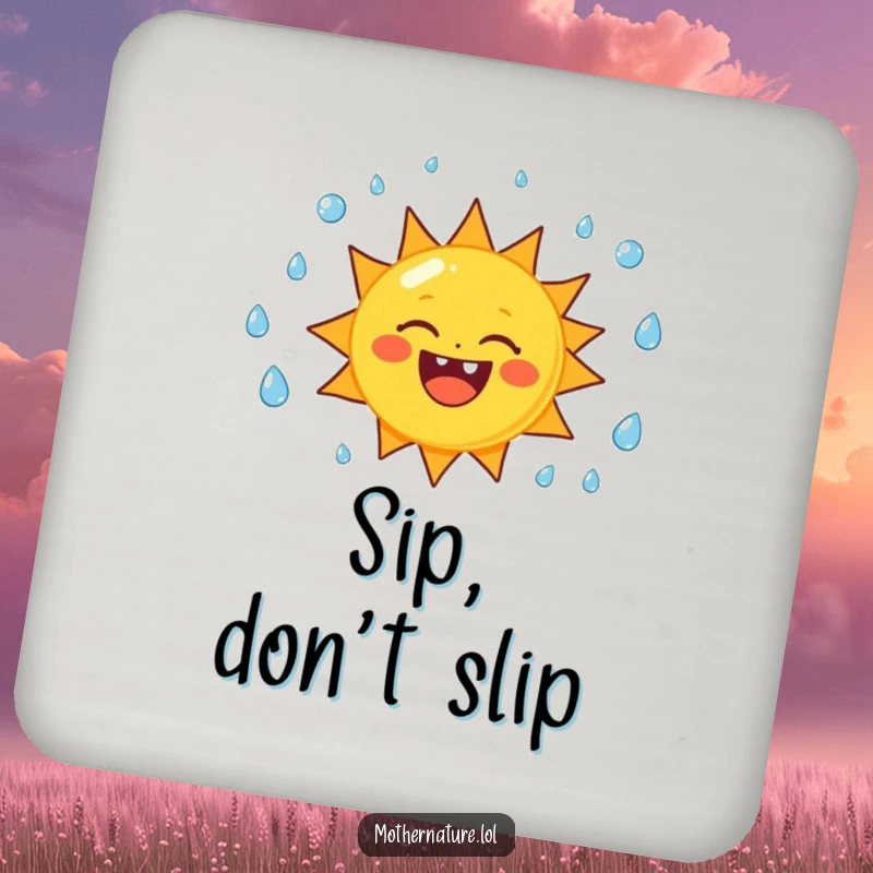 Funny sun character drink coaster, juggling raindrops with a wide smile, protecting surfaces with cheerful humor.