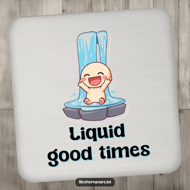 Funny coasters set with a laughing waterfall character cascading. Protects tables with natural humor.