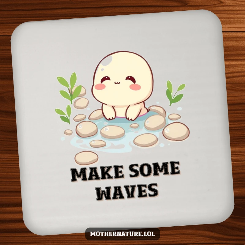 Funny drink coaster depicting a happy, giggling brook character flowing over smooth pebbles, protecting surfaces with natural charm.