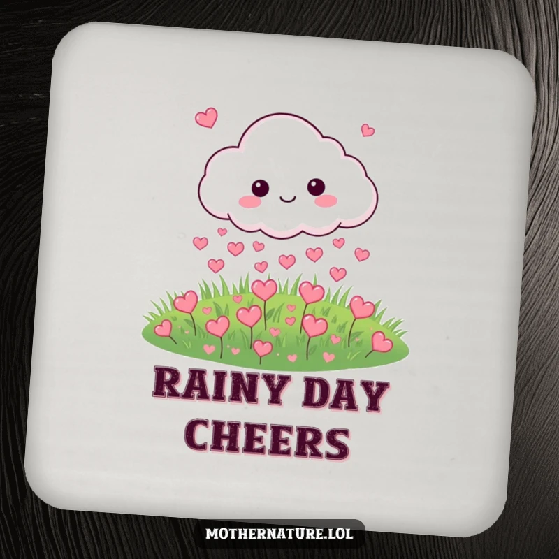 Funny drink coaster with a cloud character raining tiny hearts onto a meadow, ideal for protecting surfaces.
