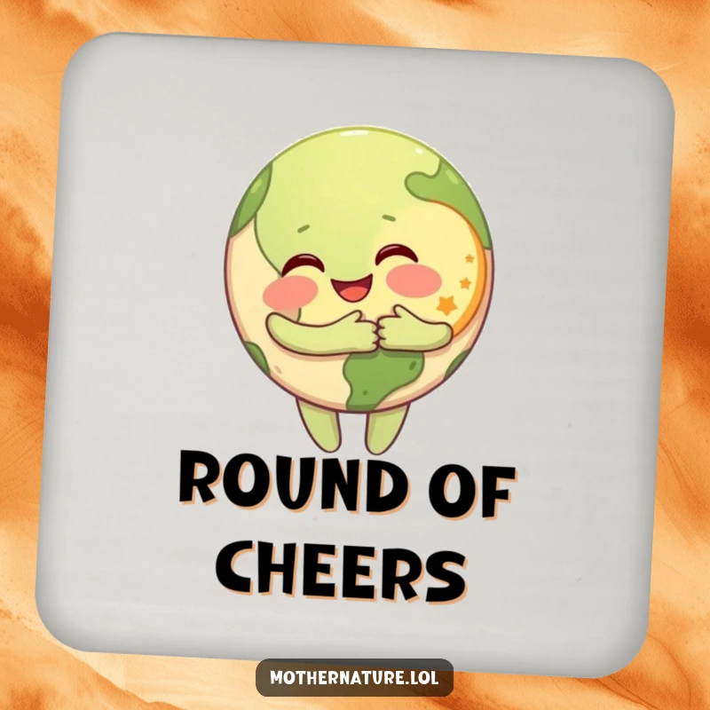 Funny Drink Coasters with a happy Earth character hugging a grinning Moon, protecting surfaces with celestial affection.