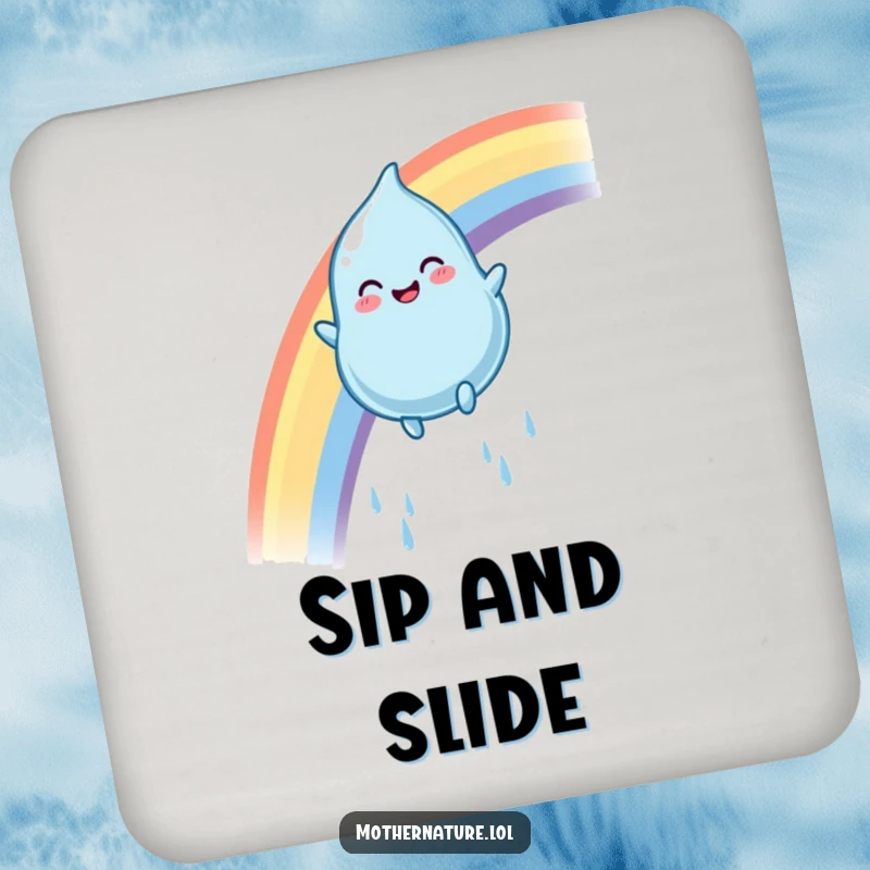 Funny rainbow raindrop coaster featuring a smiling character gleefully sliding down a colorful arc, offering cheerful surface protection.