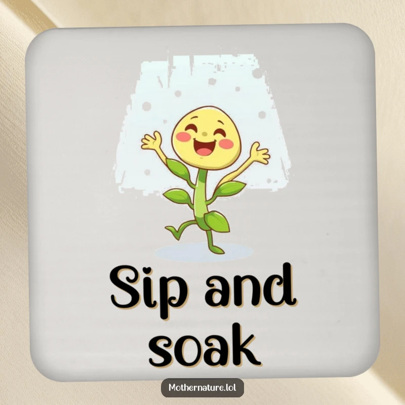 Funny drink coaster featuring a happy plant character dancing ecstatically in a light rain shower, protecting surfaces with style.