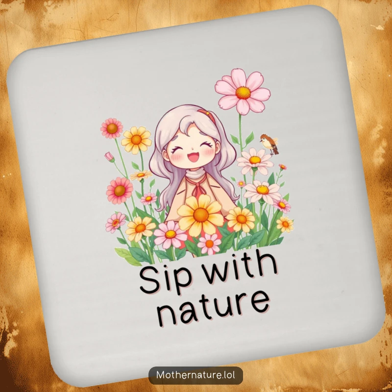 Mother Nature Drink Coasters: Character amidst wildflowers, protecting surfaces from drink rings. Decorative and a thoughtful gift.