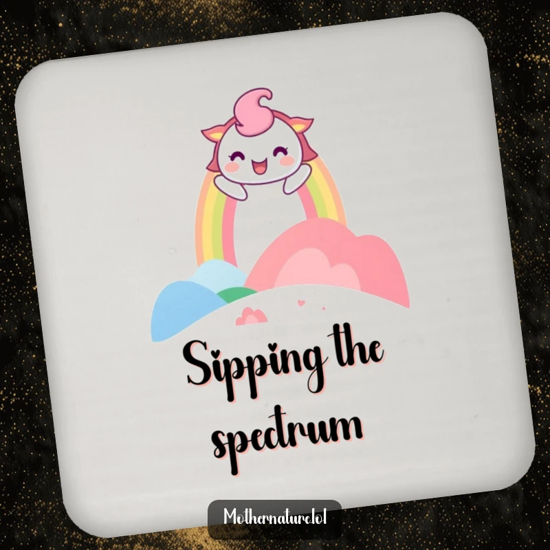 Funny Drink Coasters with a playful rainbow character arching over a laughing landscape, protecting surfaces with charm.
