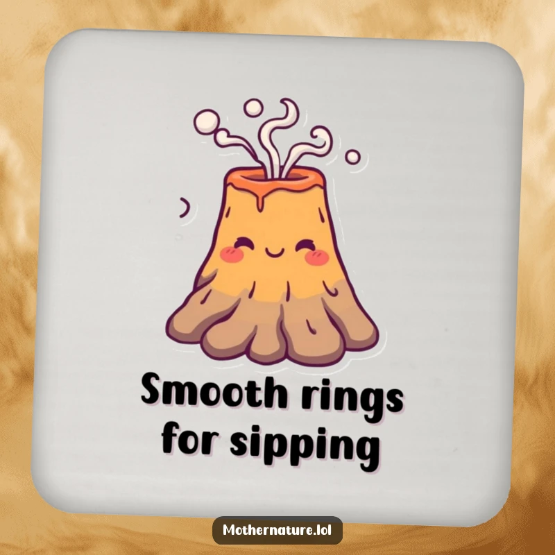 Funny volcano character puffing smoke rings on a protective drink coaster, adding a touch of cool to any surface.
