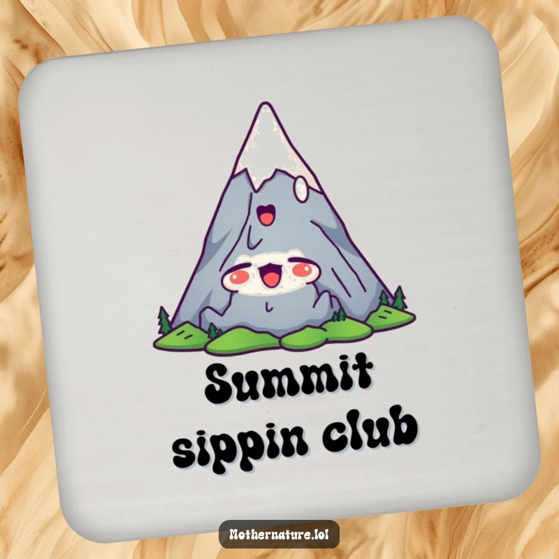 Funny mountain peak coaster with a cute character stretching its peaks upwards with a satisfied yawn, offering calm surface protection.