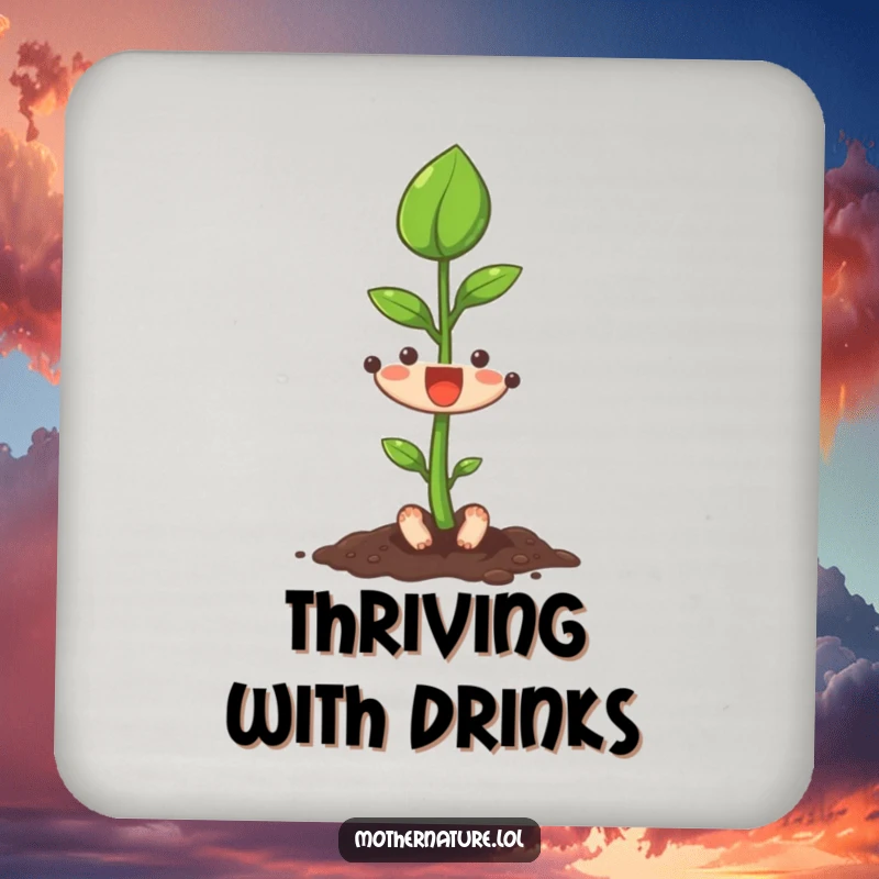 Funny seedling character stretching its first leaf upwards on a protective drink coaster, symbolizing growth.