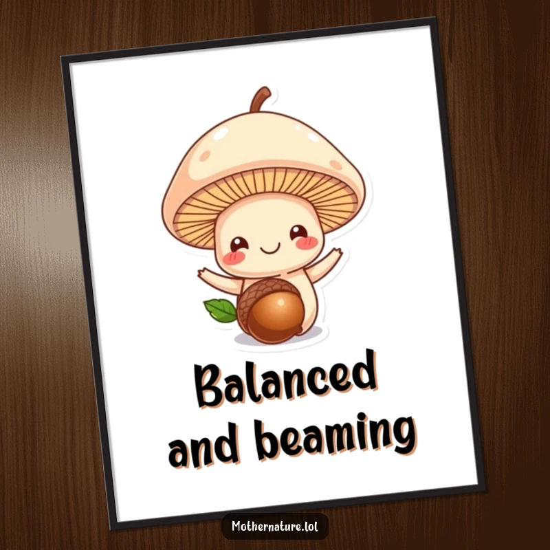 Funny mushroom poster, smiling mushroom balancing an acorn on its head, whimsical woodland art, perfect wall decor gift.
