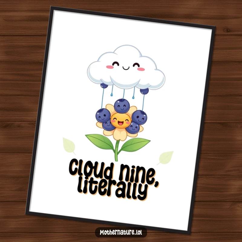 Funny cheerful cloud poster, raining smiling blueberries onto a happy flower, joyful wall art, perfect gift.