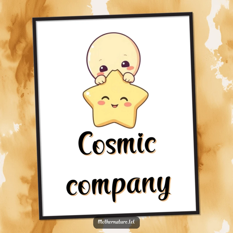 Funny poster depicting a curious moon character peeking at a giggling star. Enchanting night sky art.