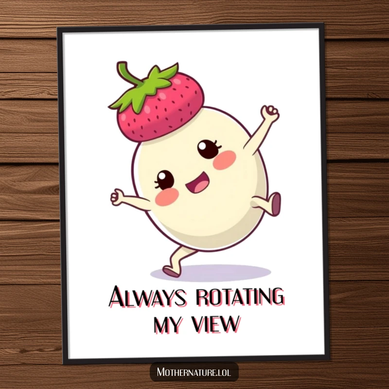 Funny poster of a plump berry executing a determined cartwheel, conveying a sense of energetic silliness and athletic aspiration.