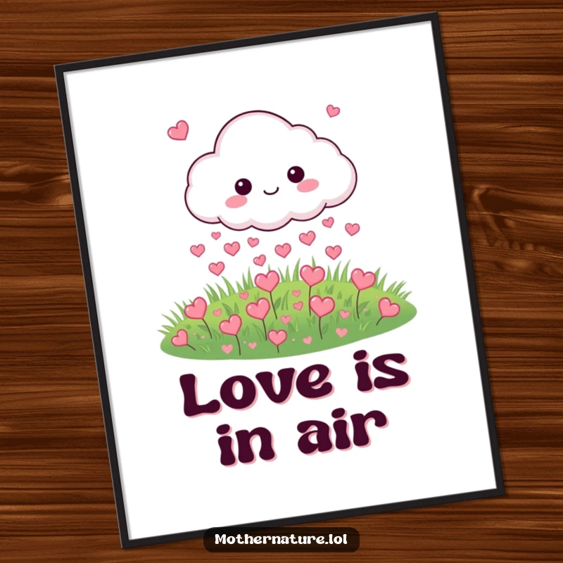 Funny poster art of a cloud character raining tiny hearts onto a meadow, symbolizing love and happiness.