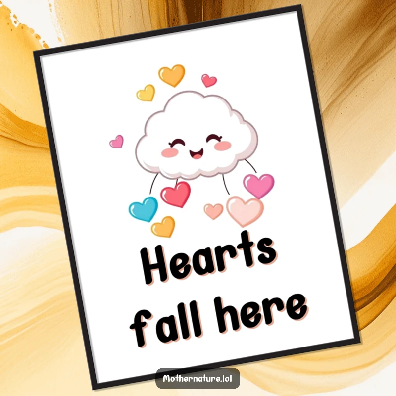 Funny poster showcasing a tiny, cute cloud character with a contagious giggle, showering down a vibrant deluge of colorful, bouncing heart-shaped raindrops.
