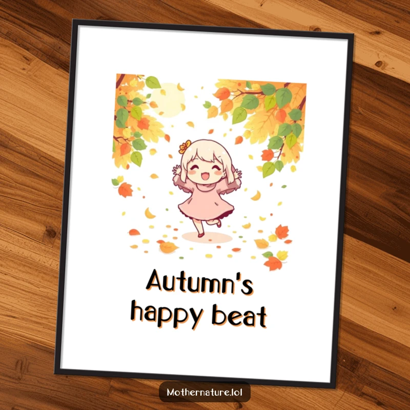 Funny poster print of a character joyfully dancing within a beautiful display of falling leaves and sunshine.