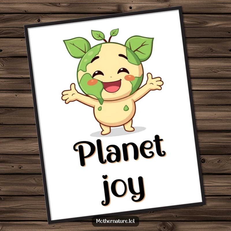 Funny poster print of a smiling Earth character with leafy arms outstretched, full of joyous surprise, ideal for eco-themed humorous art.
