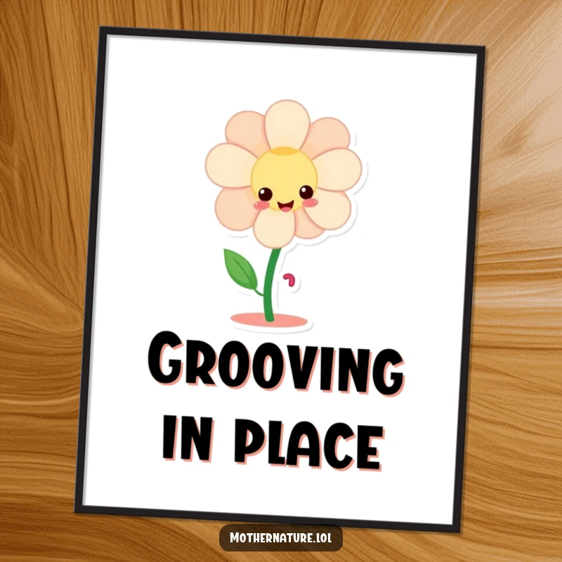 Funny giggling flower character poster, twirling with tiny dancing legs, bringing whimsical and humorous decor.