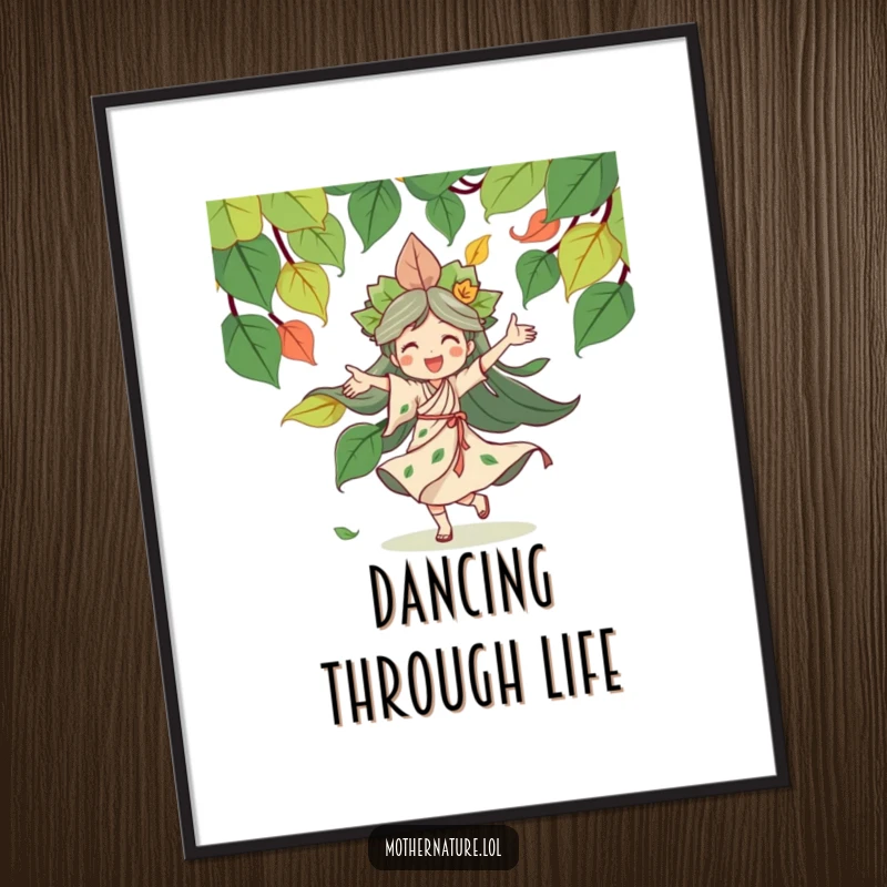 Funny Mother Nature poster illustrating a joyful goddess in a graceful dance surrounded by a dynamic swirl of colorful leaves, evoking a sense of natural delight.
