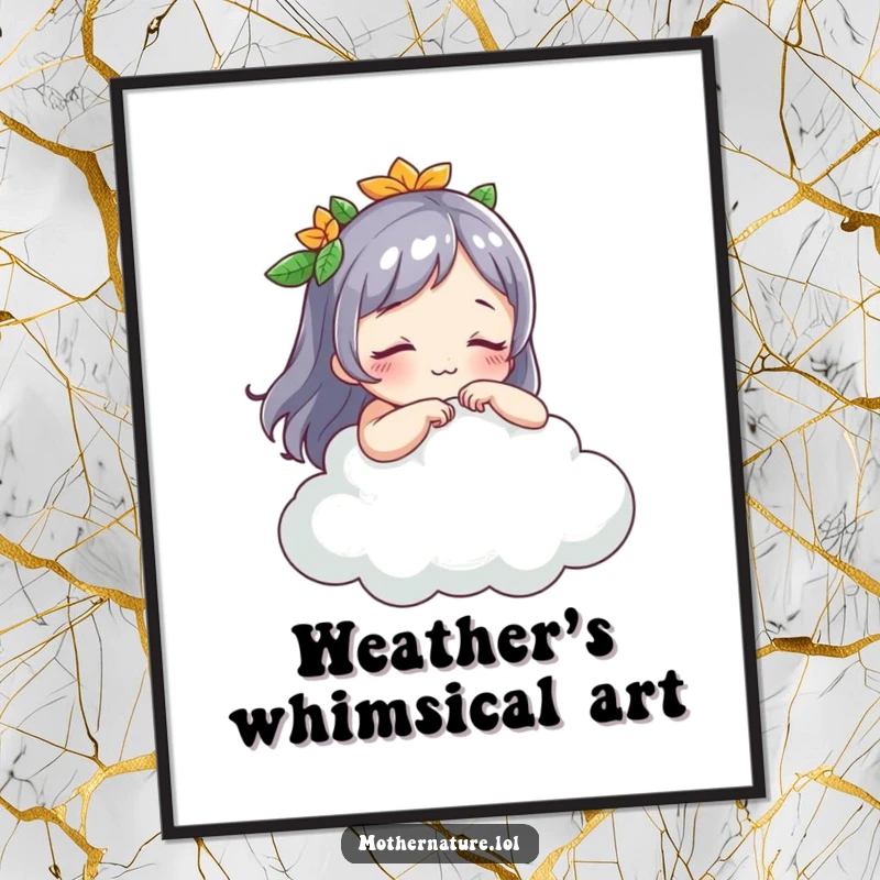 Funny Mother Nature poster, playful character tickling a sleeping cloud, whimsical wall art, perfect for nature-themed rooms.