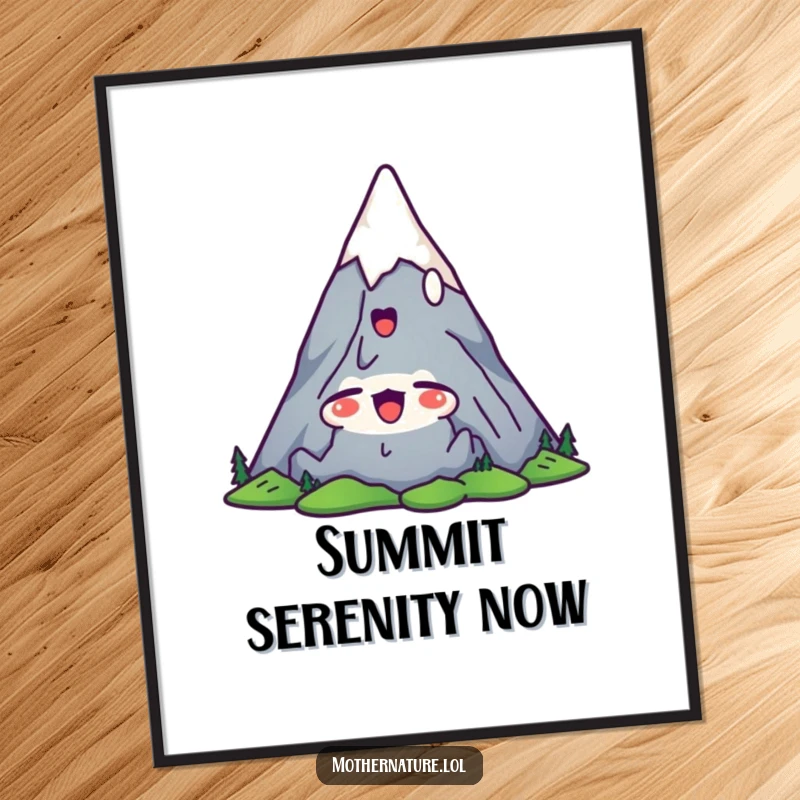 Funny mountain poster depicting a cute character stretching its peaks upwards with a satisfied yawn, serene wall art.