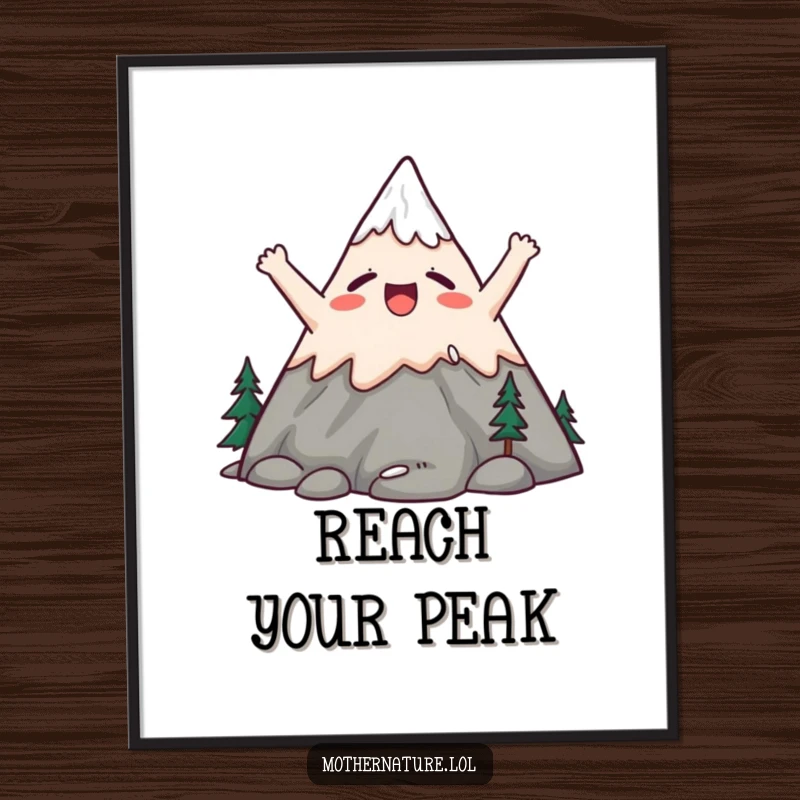 Funny poster showcasing a cute mountain character stretching its peaks upwards in a large, contented yawn.