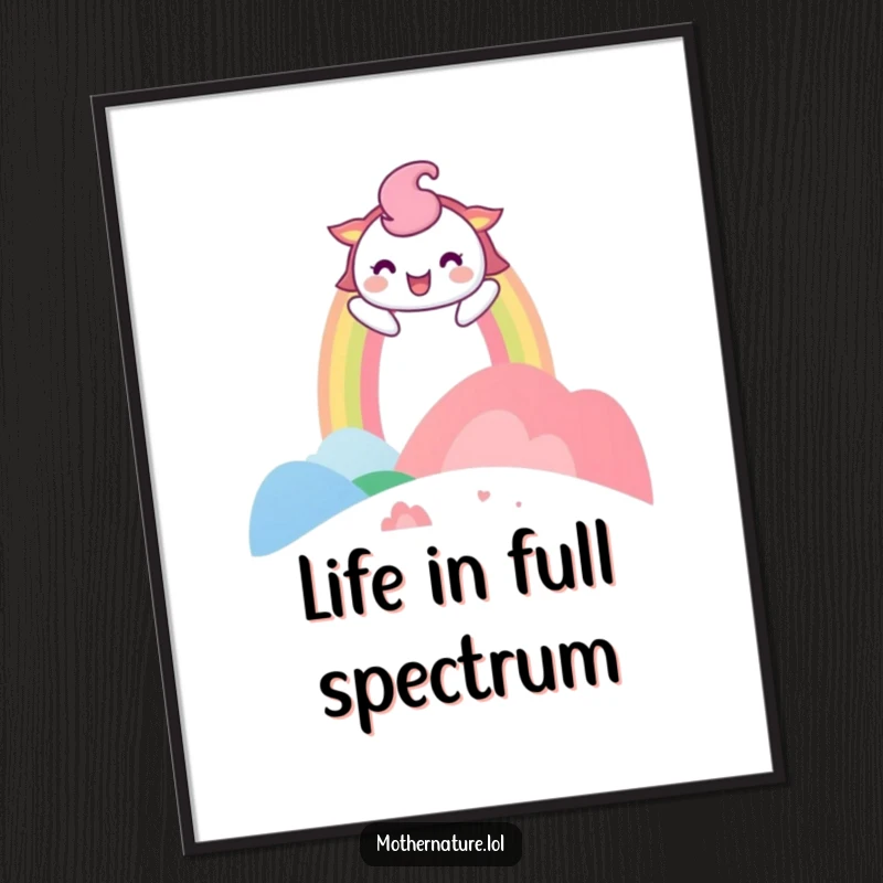 Funny Poster art of a playful rainbow character arching over a landscape that looks like it is laughing with joy.