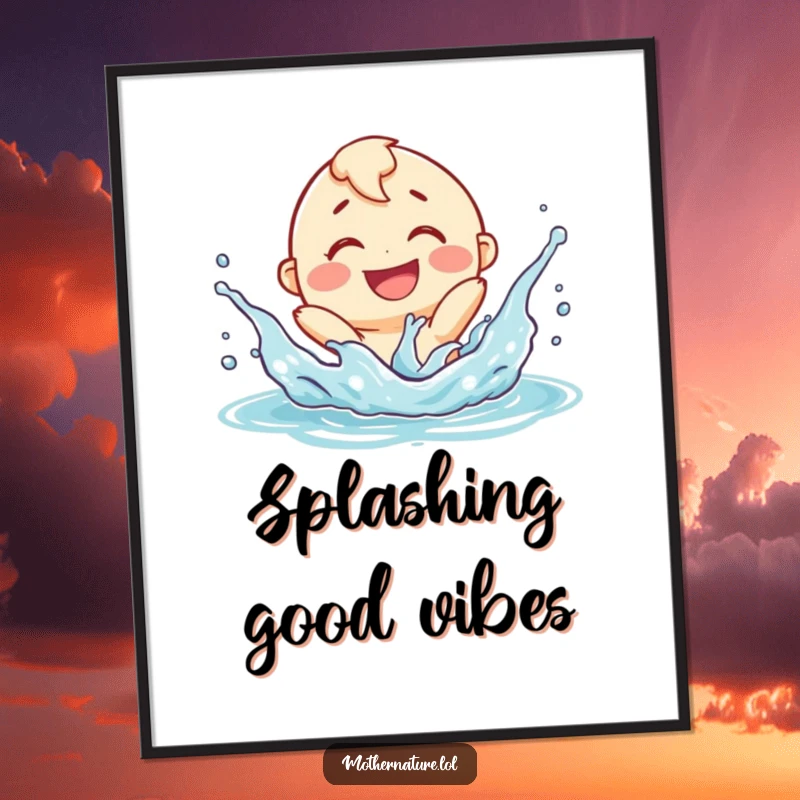 Funny smiling river character poster, playfully splashing with a delighted expression, bringing whimsical and humorous decor.