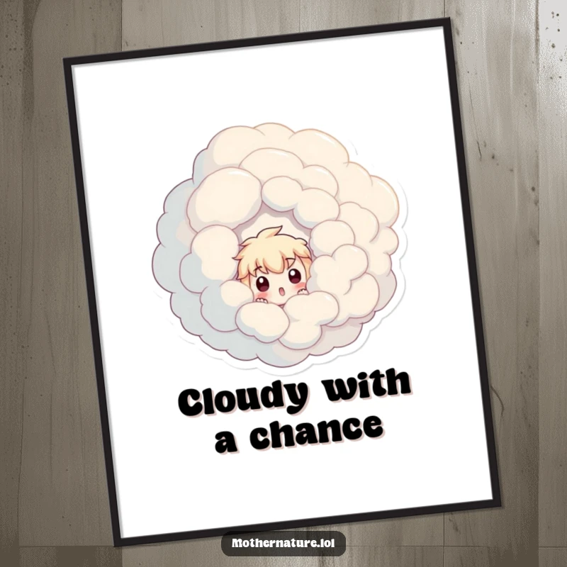 Funny poster print depicting a startled character peeking curiously from behind a massive, abstract swirling cloud.