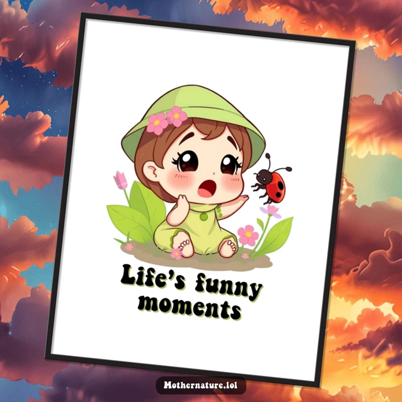 Funny poster of Mother Nature looking surprised as a ladybug tickles her, a playful and whimsical piece of nature-themed wall art.