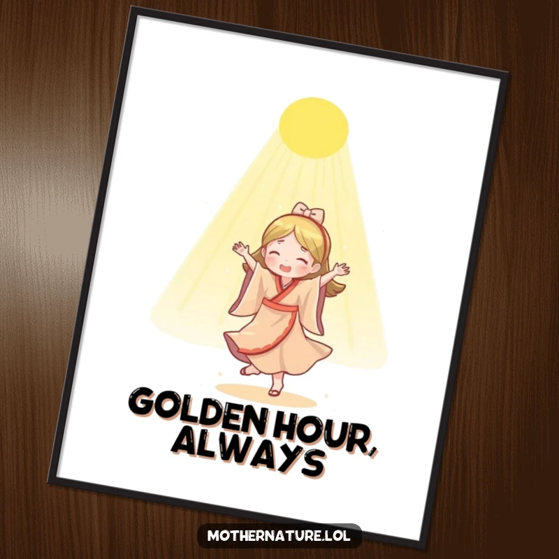 Funny Mother Nature dancing poster featuring a joyous character bathed in a gentle, golden shower of sunlight, creating a vibrant scene.