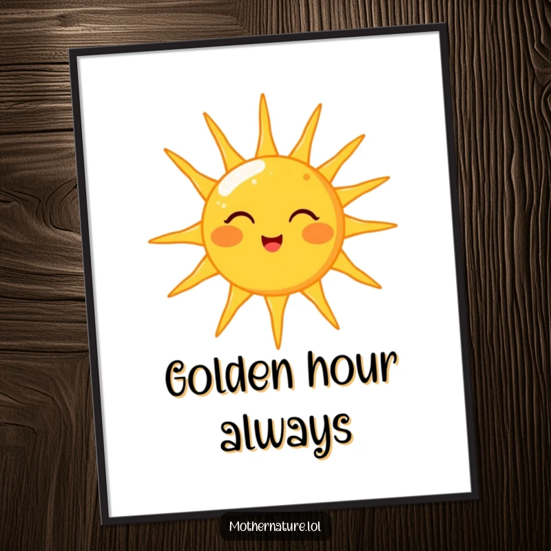 Funny poster featuring a happy sun character with a charming wink, showering Earth with abundant, warm, golden rays of light.