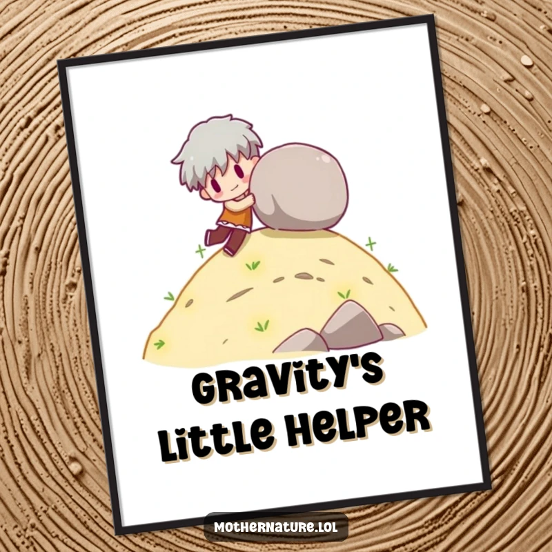 Funny poster print of a character playfully pushing a large boulder down a gentle hill.