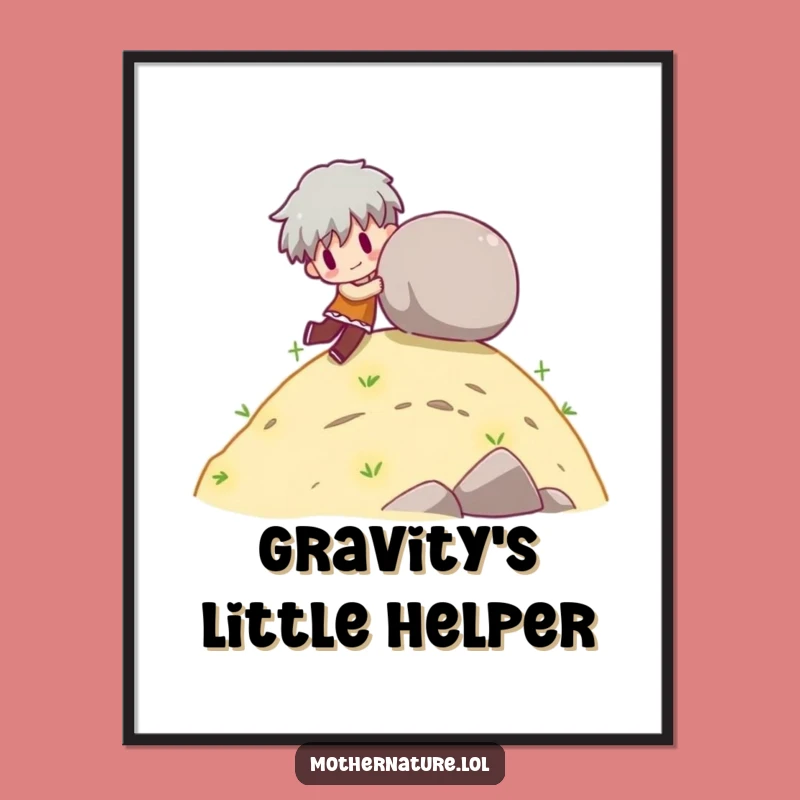 Funny Rolling Boulder Poster, Playful Hill Art, Unique Gift