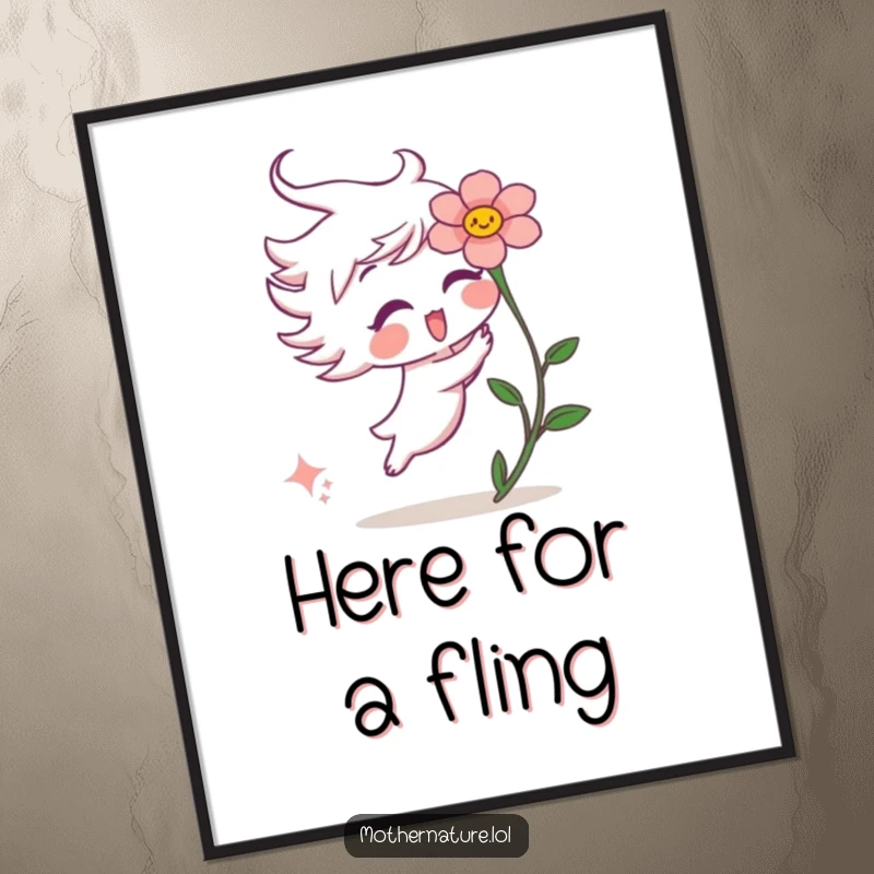 Funny poster art of a playful wind gust character gently tickling a surprised flower, capturing a moment of pure, innocent fun.