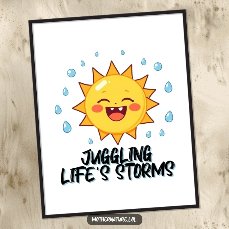 Funny sun character poster, juggling raindrops with a wide, toothy smile, bringing cheerful and humorous vibes to decor.