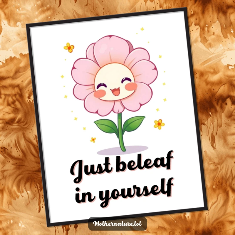 Funny poster featuring a cheerful flower character in full bloom, scattering tiny pollen sparkles, creating a lively and humorous atmosphere.
