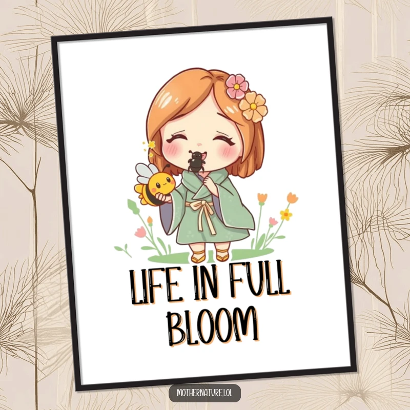 Funny poster of Mother Nature smiling and holding a tiny, buzzing bee, a heartwarming depiction of nature’s delicate balance.